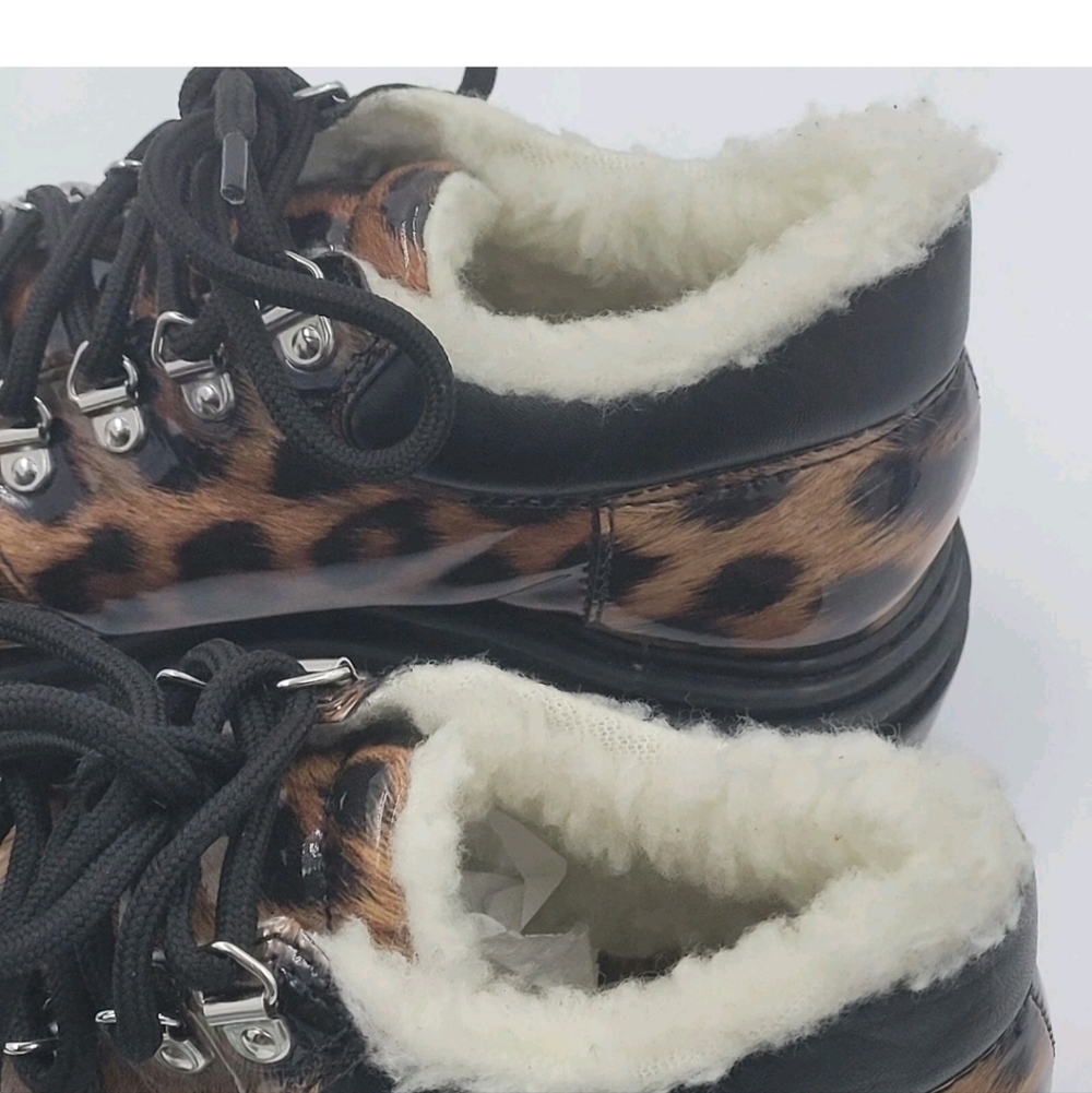 Schutz Lucille Leopard Patent Faux Shearling Ankle Boots 7B Lug Sole Block Heel - Picture 9 of 11